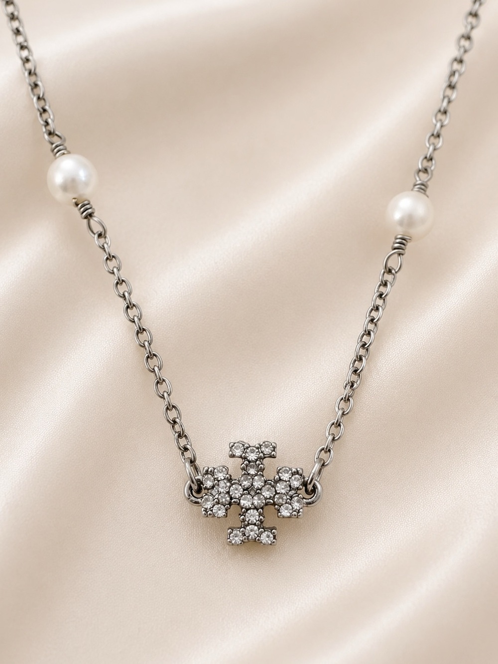 Tory Burch Delicate Pearl and Crystal Station Necklace - Silver Tone - Picture 3 of 5